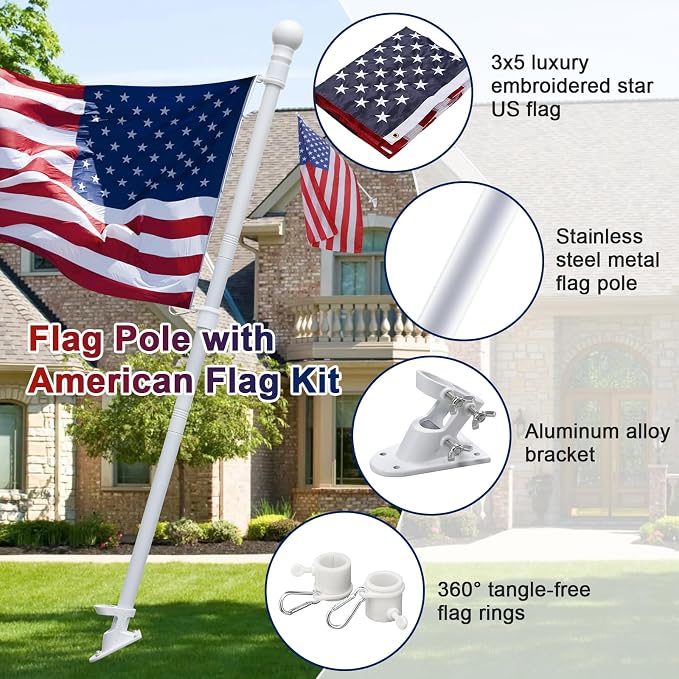Flag Pole Kit - Includes 5ft Heavy Duty Tangle Free Flagpole,3x5 Embroidered American Flag, Metal Aluminum Holder Bracket,for Outside House,Porch,Outdoor - White