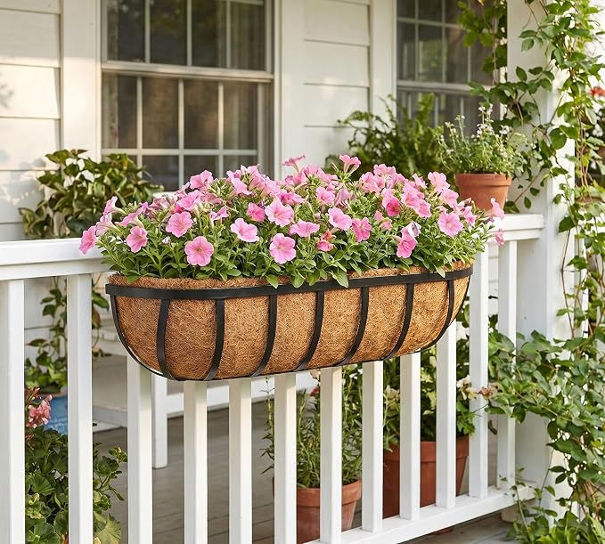 Y&M 24 Inch Railing Planter Boxes 2Pack, 2-in-1 Window Box and Deck Railing Planters with Coco Liners, Heavy Duty Metal Flower Troughs with Adjustable Brackets for Balcony, Patio and Garden