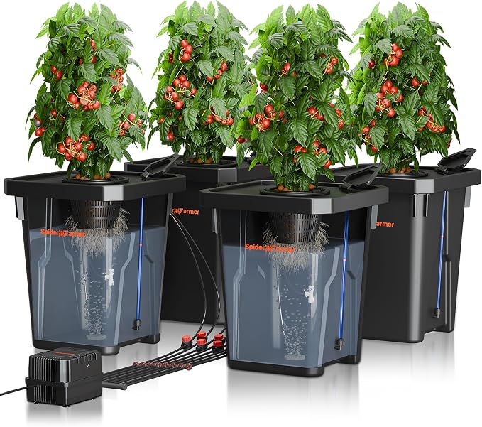 Spider Farmer DWC Hydroponics Growing System Kit 4 Buckets for Indoor Plant | 7-Gallon Deep Water Culture, New Triangular Cover Design, Recirculating Drip Gardening System with Top Drip Kit, 11W Air Pump