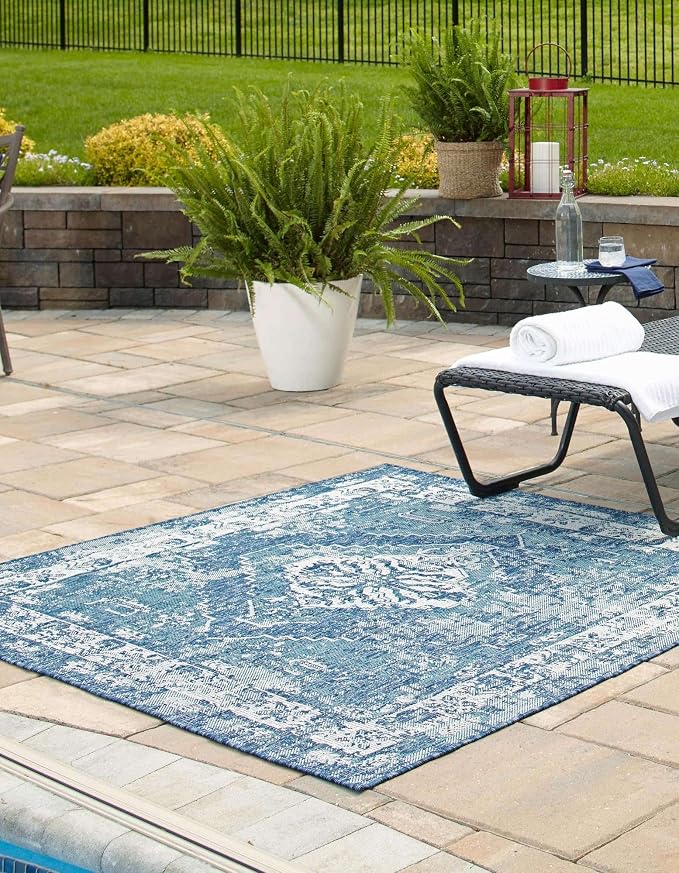 Unique Loom Outdoor Traditional Collection Area Rug - Valeria (10' Square, Blue/ Ivory)
