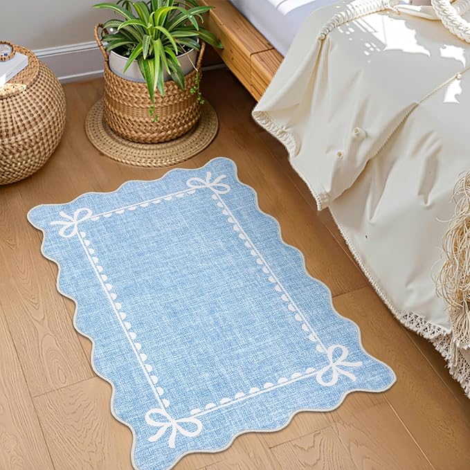 GarveeHome Scalloped Entryway Rug 2x3 Washable Front Door Bow Rug, Blue | Non Slip Soft Low Pile Ultra-Thin Stain Resistant Indoor Carpet for Girls Dorm Nursery Bedroom Decor Hallway Kitchen Floor