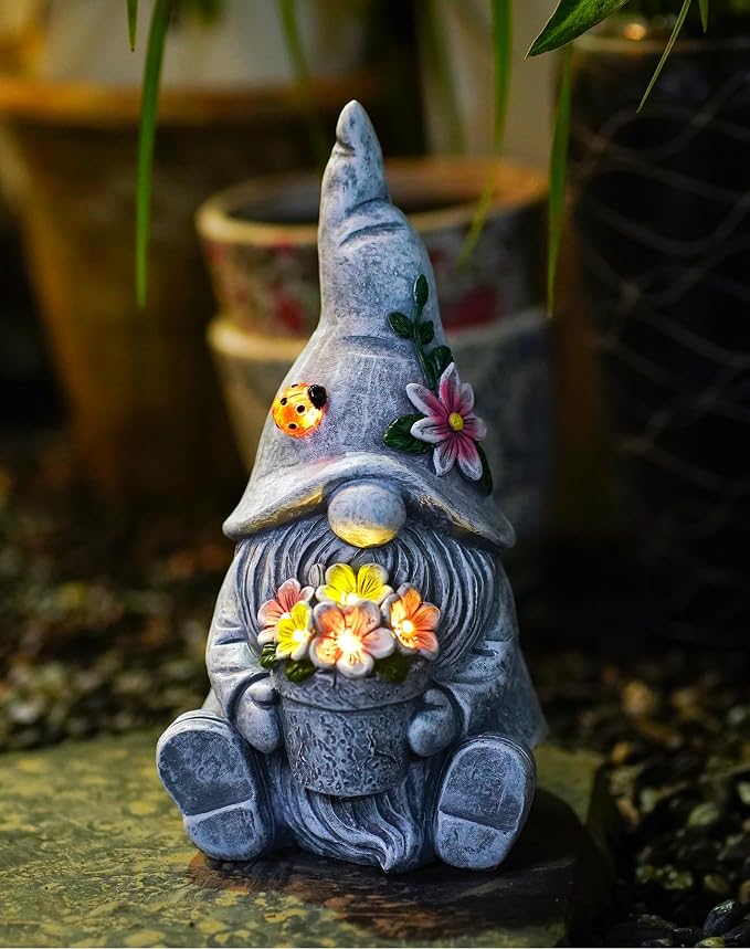 Solar Sitting Gnome with LED Flower Light Garden Decor | Durable resin material for outdoor use, warm LED glow, perfect garden gift for women, moms, housewarming decoration