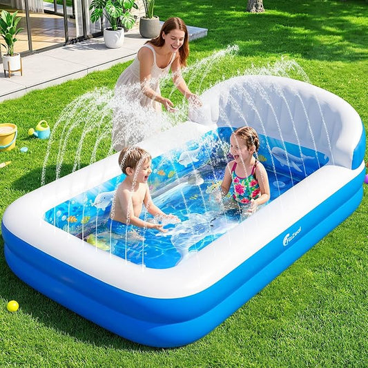 FizZeal Inflatable Kiddie Pool with Sprinkler & Backrest | Rectangular design,specially for toddlers,ideal outdoor backyard inflatable swimming pool for kids summer water entertainment
