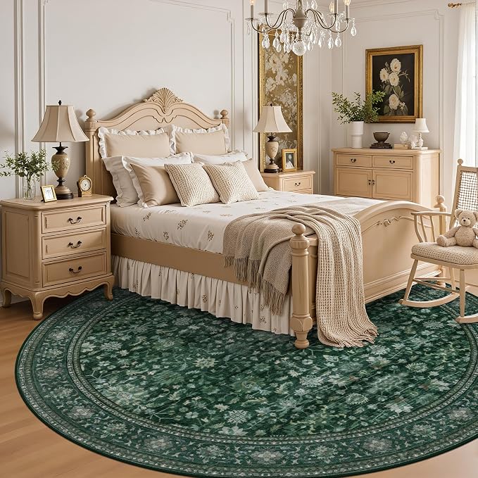 Round Area Rug for Living Room: 8ft Boho Washable Rug Deep Green | Vintage Boho Soft Round Rug Indoor Floor No Slip Carpet Stain Resistant Rugs for Bedroom Dining Room Nursery Home Office
