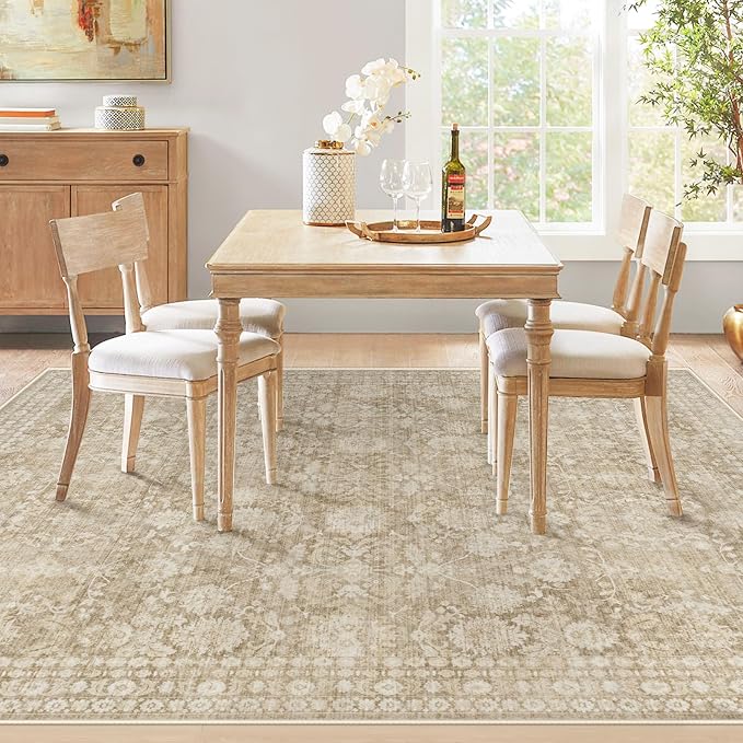 5x7 Area Rugs for Living Room: Washable Vintage Floral Rug Low Pile Non-Slip Boho Carpet for Nursery Bedroom Dining Room (Brown, 5'x7')