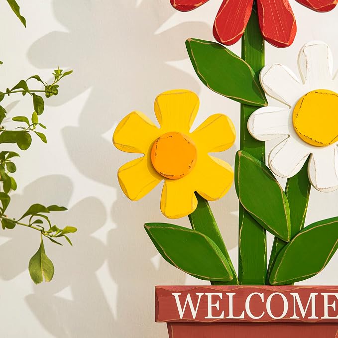 Glitzhome 30 Inch Welcome Sign for Front Door Porch Standing, Outdoor Decor with Wooden Trio Flowers, Yard Sign for Patio Front Door Outside