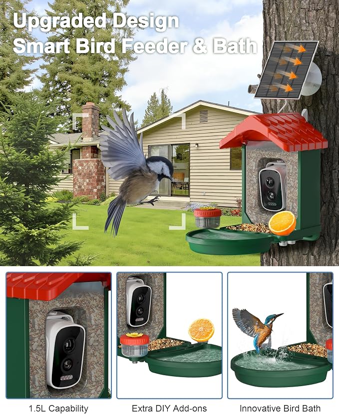 VISIOGEAR 2-in-1 Smart Wild Bird Feeder & Bath with 4K HD Camera, AI Identification Solar Bird Feeder Watching Camera Night Vision for Outdoor Birds Watching Gifts for Birdlover, Red & Green