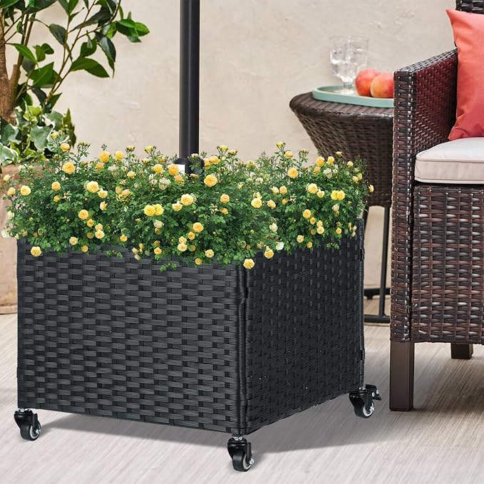 SUNNYPARK Umbrella Base with Wheels and Fillable Planter 2 in 1 | 120lbs Capacity, Heavy Duty, Hand Woven Rattan Style, Portable Decorative Umbrella Stand for Garden Backyard Deck Poolside