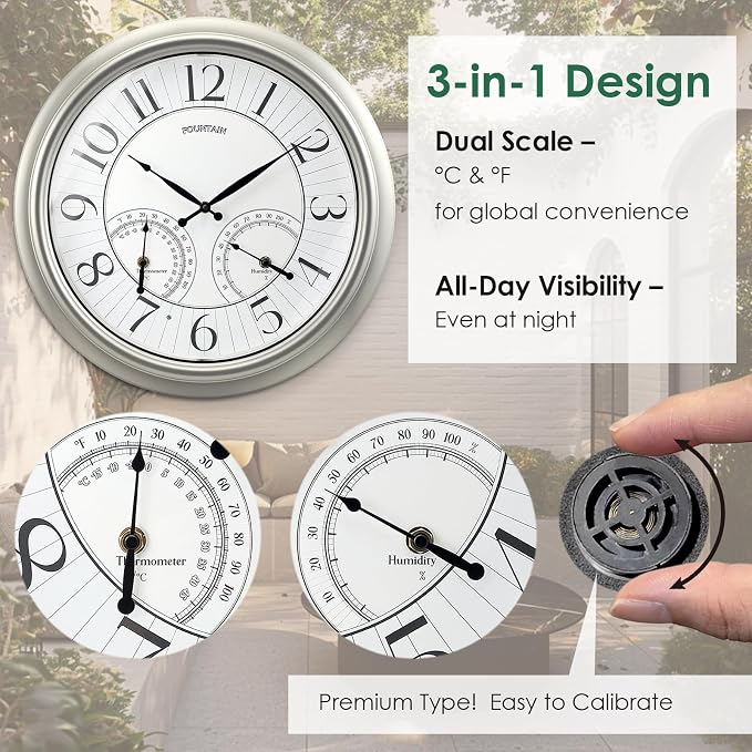 18" Illuminated in/Outdoor Clock with Smart Sensor and Night Light, Waterproof, Large Wall Clock with Thermometer & Hygrometer, for Garden,Pool and Patio Decor (Morning Silver)