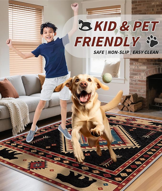 Southwest Rug 4x6 - Native American Bear Cabin Area Rugs for Bedroom Living Room, Rustic Ethic Machine Washable | Non-Slip | Low Pile Carpets, Western Home Decor (Red Tan Black)