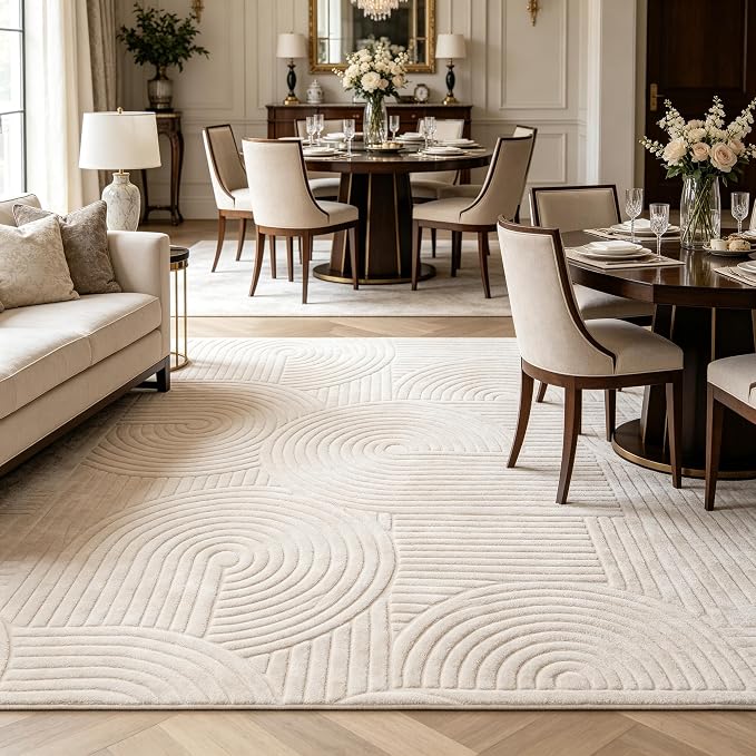Beige Geometric 8x10 Solid Area Rug, Washable Living Room Rug | Ultra Soft Boho Pattern Minimalist Non-Slip Carpet, 8'x10' Rugs for Bedroom, Kids Room, Nursery, Apartment, Home Office