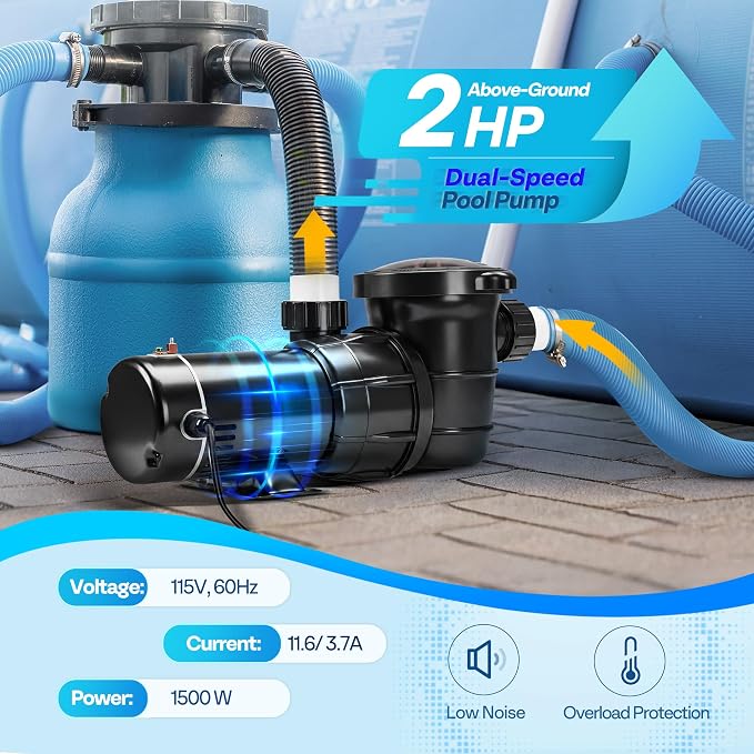 VIVOHOME 2.0 HP Above Ground Swimming Pool Pump Dual Speed 1.5" & 1.25'' Inlet/Outlet 115V Energy Saving w/Strainer Basket
