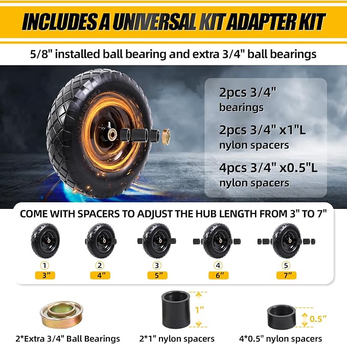 MZREXN 4.80/4.00-8" Flat Free Tire and Wheel, 16" Wheelbarrow Tires | 2 Packs Universal Solid Tires with 5/8" & 3/4" Bearings, 3" Centered Hub for Hand Truck Garden Trailers Utility Cart, Black