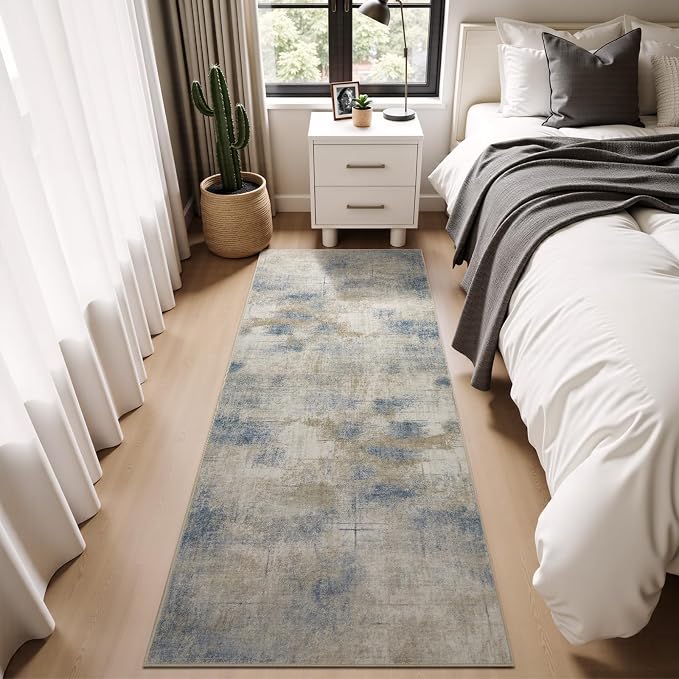 Joydeco 2x6 Runner Rug Modern Abstract Machine Washable Rug – Low Pile Faux Wool with Non-Slip Backing, Neutral Print Stain Resistant Carpet Runner for Hallway, Kitchen, Entryway, Laundry and Bedroom