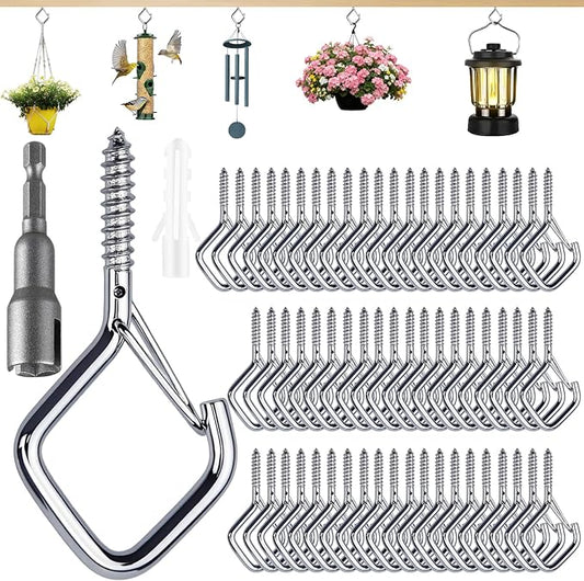 62 PCS Metal Sliver Eye Screw Hooks for Hanging Heavy Duty.Windproof Ceiling Hooks for Hanging Plants,Cup,Wind Chime,Bird Feeders,Christmas String Lights at Indoor&Outdoor 2.2 Inch