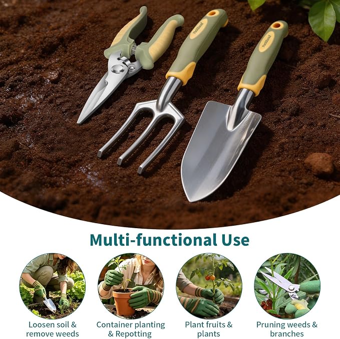 4-Piece Green Garden Tools Set,Patioland Ergonomic Gardening Hand Tools w/Hand Trowel,Cultivator Rake,Pruning Shear & Gloves for Planting Weeding,Yard Tools Gift for Women Men Gardender Plant Lovers