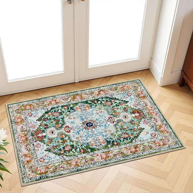 U'Artlines 2'x3' Boho Hallway Runner Rug Non Slip Washable Runners,Green | Vintage Farmhouse Kitchen Rug Accent Area Carpet for Entryway Laundry and Living Room