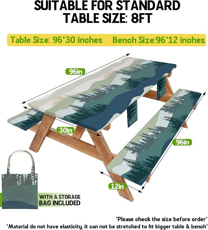 Picnic Table Cover with Bench Covers Waterproof Elastic Rectangle Tablecloth Camping Essentials Supplies Rv Car Travel Must Haves Gear Accessories Fitted Table Cloth Outdoor Road Trip Camper Gifts 8ft