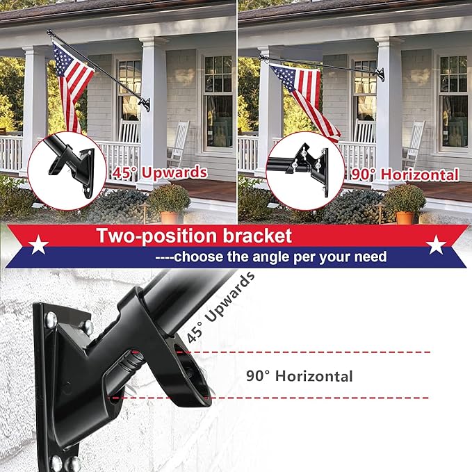 Flag Pole for Outside House - 6ft Stainless Steel Heavy Duty Flagpole Kit,Tangle Free,2 Angle Bracket Mount for Grommet Flags,Banner,Garden Flag,Outdoor Residential Commercial Use,Black