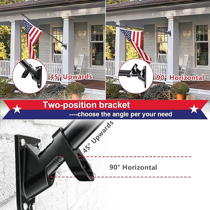Flag Pole for Outside House - 5ft Stainless Steel Heavy Duty Flagpole Kit,Tangle Free,Dual Angle Bracket for Grommet Flags,Banner,Garden Flag,for Outdoor Porch,Yard,Garage,Balcony,Black