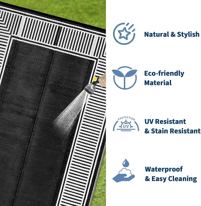 Outdoor Rug 8x10 Waterproof Patio Rugs Modern Striped Reversible Mat for Front Door Rv Border Foldable Plastic Straw Carpet for Travel Trailers, Porch, Camper, Balcony, Beach，Black/White