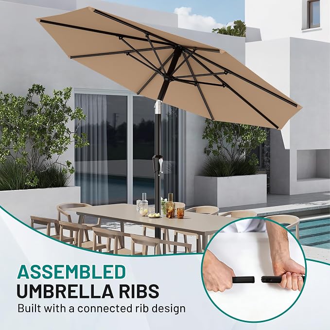 AreShark 10 FT Outdoor Patio Umbrella, Patio Table Umbrella with Push Button Tilt and Crank, Outdoor Patio Umbrellas with 8 Fiberglass Ribs, Patio Umbrellas for Market, Garden, Pool (Beige)
