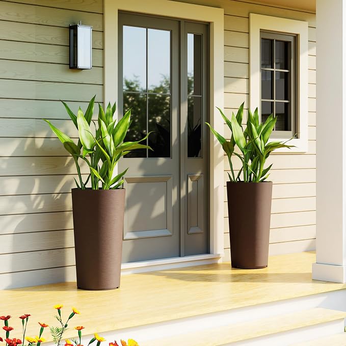 Outsunny 29 Inch Tall Planters for Outdoor Plants, Set of 2 Plastic Flower Pots with DIY Drainage Holes, Stackable Large Planters for Indoor Plants, Front Porch Decor, Brown