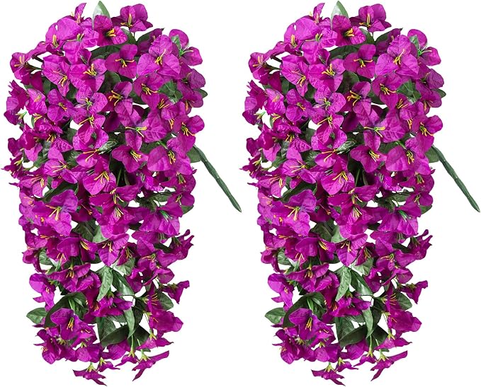 INXUGAO 2 pcs Artificial Faux Bougainvillea Flowers Plants for Outdoor Outside Summer Decoration, Fake Silk UV Resistant Long Trailing Vines for Front Door Porch Planter Balcony (Purple Deep Lotus)