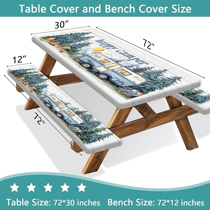Picnic Table Cover with Bench Covers Elastic Edges, Outdoor Patio Camping Essentials 96 Inch 3PCS, Camper Fitted Table Cover, Waterproof Rectangle Tablecloth with Drawstring Bag,RV