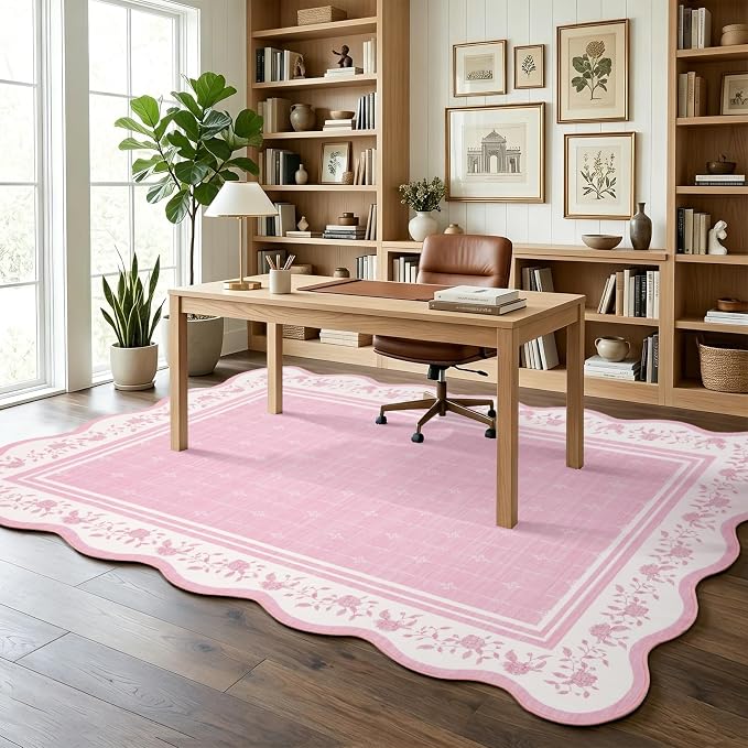 Garvee Large Area Rug Washable 10x13 Scalloped Floral Living Room Rug Pink | Soft Non Slip Low Pile Indoor Carpet Stain Resistant Modern Bordered Accent Carpet for Bedroom Nursery Kids Room Office