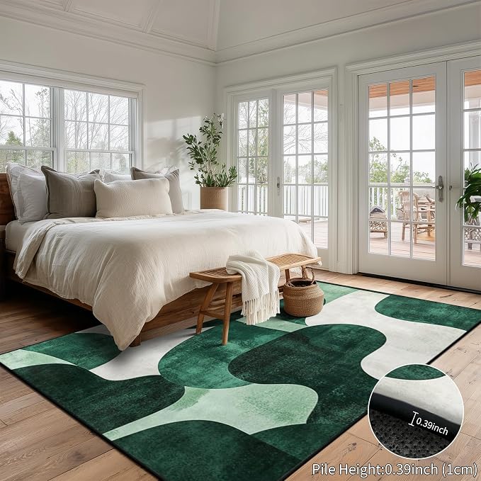 9CH Modern Green Beige Abstract Area Rug 5x7 Wave Rugs for Living Room | Washable Soft Low Pile Non-Slip Carpet for Dining Room, Office Home Decor,Green