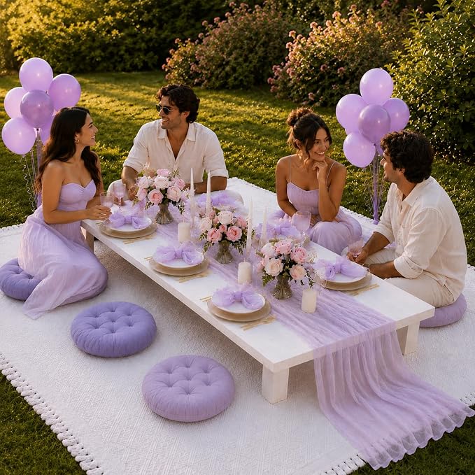 Cinrobiye Boho Picnic Party Set for Outdoor, Aesthetic Picnic Setup with Large Picnic Blanket, Floor Cushions, Table Runner, Napkins, Balloons for Wedding, Bridal Shower, Birthday(Purple)
