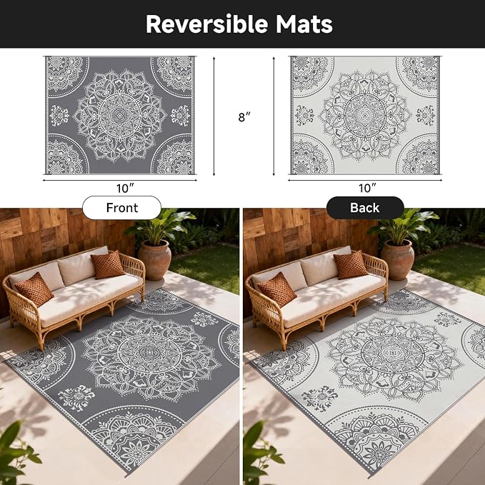 Pauwer Waterproof Outdoor Rug 8x10, Reversible Plastic Straw Patio Camping Rug, Indoor Outdoor RV Mat Carpet for Deck, Camper, Porch, Balcony, Backyard, Picnic, Floral Grey