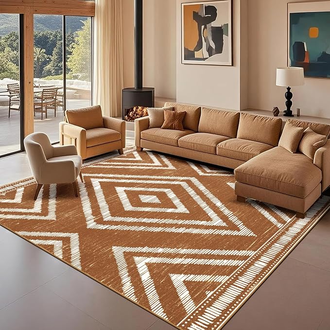 Boho Brown Area Rugs 8x10ft Non Slip, Large Low Pile Washable Rugs for Living Room, Soft Bedroom Area Floor Carpets for Dining Room Kids Nursery Playroom Farmhouse Office