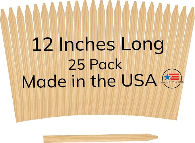 25 Pack Wooden Garden Stakes, 12" Long x 3/4" Wide, Made in USA Pine Plant Markers, Chisel Point Yard Stakes for Gardening, Row Labels, Signs & Crafts