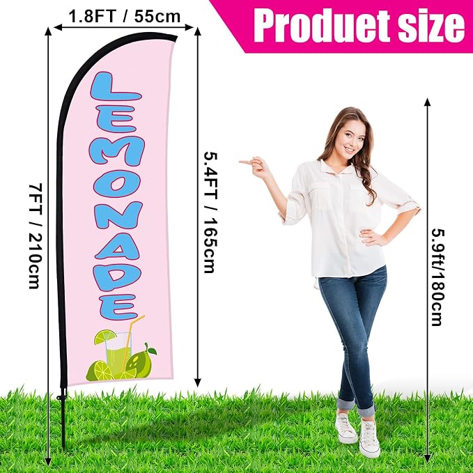 Buryeah Lemonade Feather Flag for Business Advertising 7x5.4ft Feather Flag Sign with Flagpole Ground Stake Portable Bag Lemonade Themed Banner with Rope for Outside Garden Business Party (Pink)