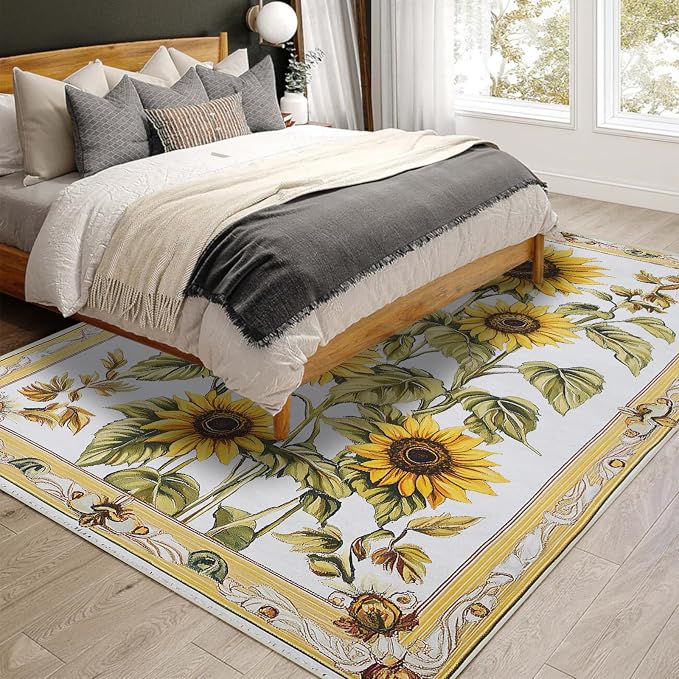 5x7 Sunflowers Flower Area Rugs Boho Floral Botanical Yellow Rug for Living Room Indoor Soft Non-Slip Thin Carpet Modern Abstract Rugs for Dining Room Office Bedroom Under Table Washable Machine