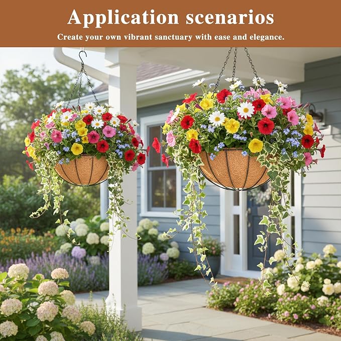 4 Pack Hanging Planter for Outdoor Plants 14 inch Metal Hanging Flower Basket with Coco Coir Liner Round Wire Plant Holder Chain Flower Pots Outdoor Garden Decoration Watering Hanging Baskets(XG)