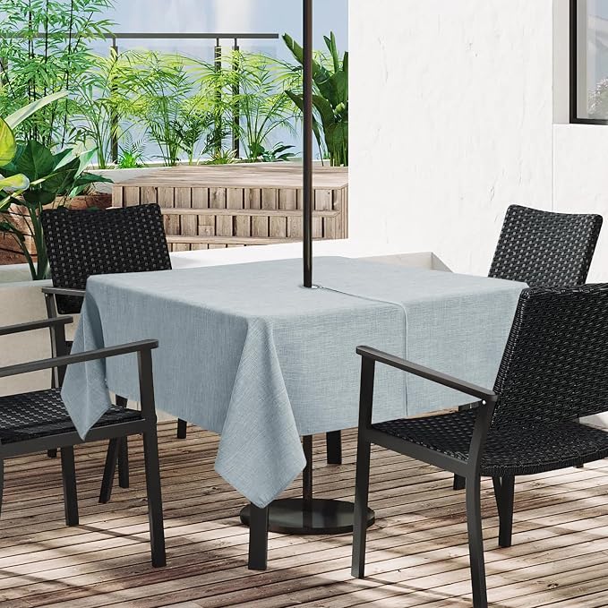 LUSHVIDA Outdoor Tablecloth with Umbrella Hole - Patio Table Cloth Zippered Square 60x60 Inch, Light Gray Linen-Look Polyester Table Cover Water Resistant for Picnic Outside