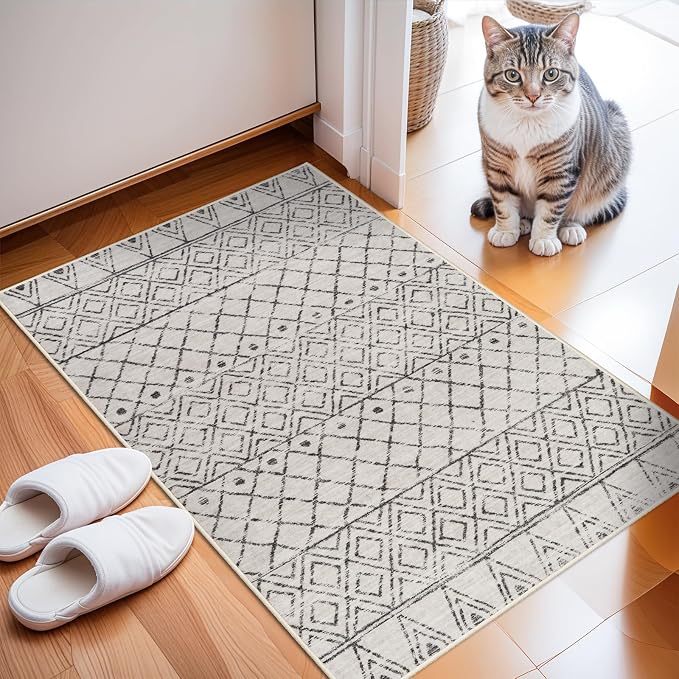 2x3 Entryway Rug Washable: Moroccan Small Area Rugs for Entryway Grey | Low Pile Indoor Mat Non Slip with Rubber Backing Thin Area Rug Pet Friendly for Front Door Kitchen Bedroom