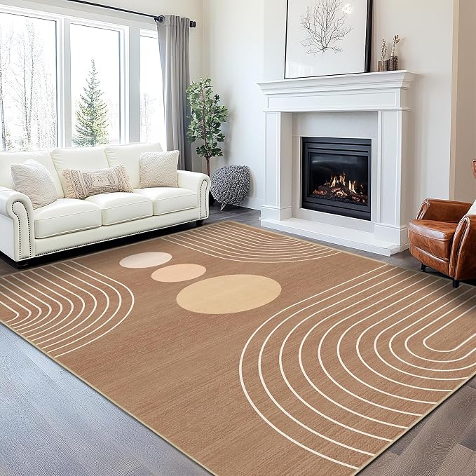 8x10 Area Rug for Living Room Boho Modern Minimalist Geometric Abstract Large Rug Brown Mid Century Modern Machine Washable Non-Slip Printed Low-Pile Indoor Floor Carpet Dining Room Bedroom Brown