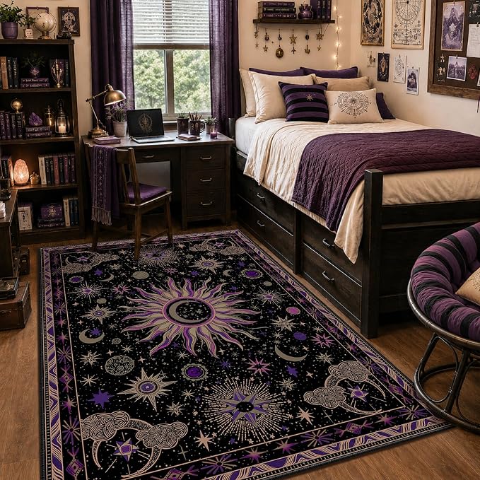 Vacuum-Friendly, 5x7 Washable Area Rug, Black Purple Beige | Sun and Moon Boho Gothic Non-Slip Low Pile Living Roon Bedroom Dining Room Kitchen Entry Entryway Entrance Hallway Doormat