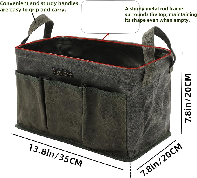 Tool Bag for Organizing, Waxed Canvas Wide Open Top Tool Tote Bag with 6 External Pockets, 13.8 x 7.8 x 7.8 Inches 3-Pack (ArmyGreen)