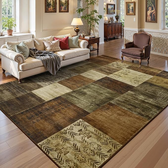Washable Area Rugs 5x7 for Living Room, Modern Geometric Brown Soft Patchwork Carpet, Non-Slip Stain Resistant Throw Rug for Bedroom Dining Room Office Home Decor