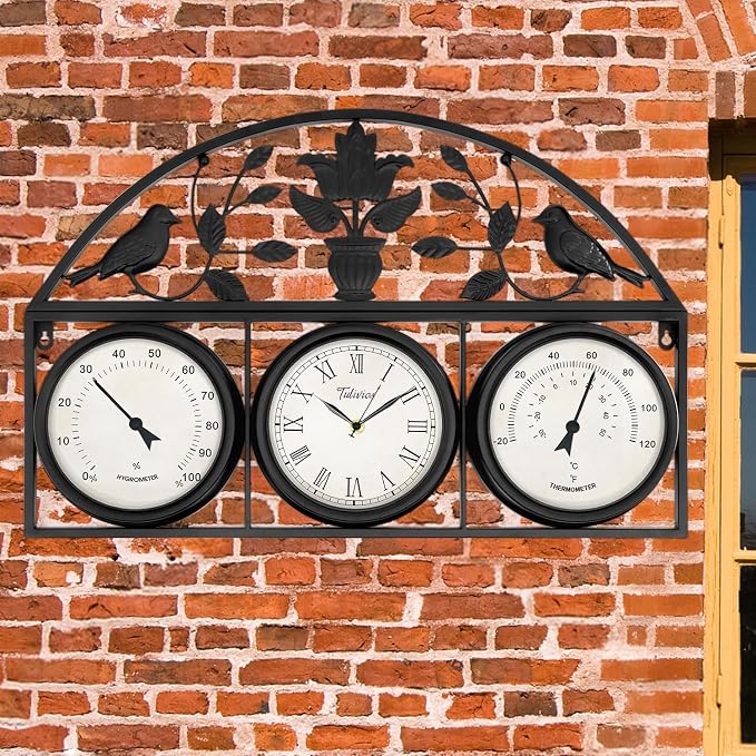 26Inch Large Outdoor Clock,Waterproof Wall Clock with Thermometer and Hygrometer Combo,Weatherproof Non-Ticking Battery Operated Decor Clock for Patio,Garden,Pool,Porch,House Warming Gifts