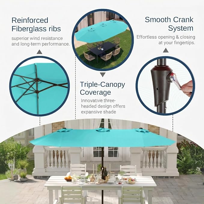 15FT Large Patio Umbrella with Base Included, Double Sided Outdoor Market Umbrella with Flexible Fiberglass Ribs, UV-Blocking Extra Large Umbrella for Garden, Pool, Deck, Aqua Blue