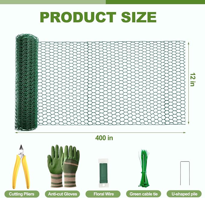 All-in-One 400 Inch Plant Protectors from Animals Kit - 0.85mm Heavy Duty Chicken Wire Cloche,Free-Cut Wire Mesh Roll Includes Pliers, Gloves, Ties, Stakes for Custom Outdoor Cages (12 * 400 Inch)