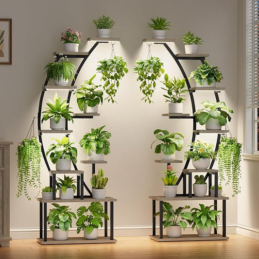 BACEKOLL Plant Stand Indoor with Grow Lights, 9 Tiered Metal Plant Shelf, 64" Tall Plant Stand for Indoor Plants Multiple, Large Plant Rack Display Shelf, Curved Plant Holder for Living Room, Grey
