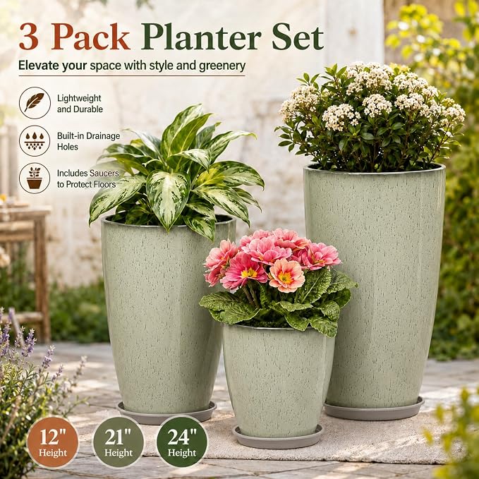 Neoaider Set of 3 Tall Planter, 24/21/12in Large Plastic Planter, DripGlaze | Ceramic-Look, Lightweight, Built-in Drain Hole, Saucers, Tall Outdoor Planter for Porch, Garden, Patio, Balcony