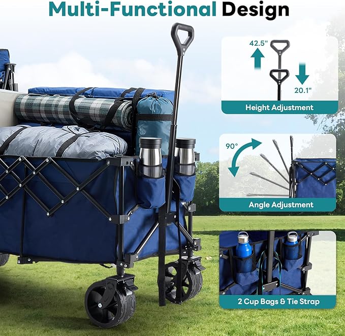 DUMOS 49''L Collapsible Extended Wagon with 440LBS Capacity, Heavy Duty Wagons Garden Cart with All-Terrain Big Wheels & Drink Holders, 250L Foldable Carts for Sports, Shopping, Camping, Blue